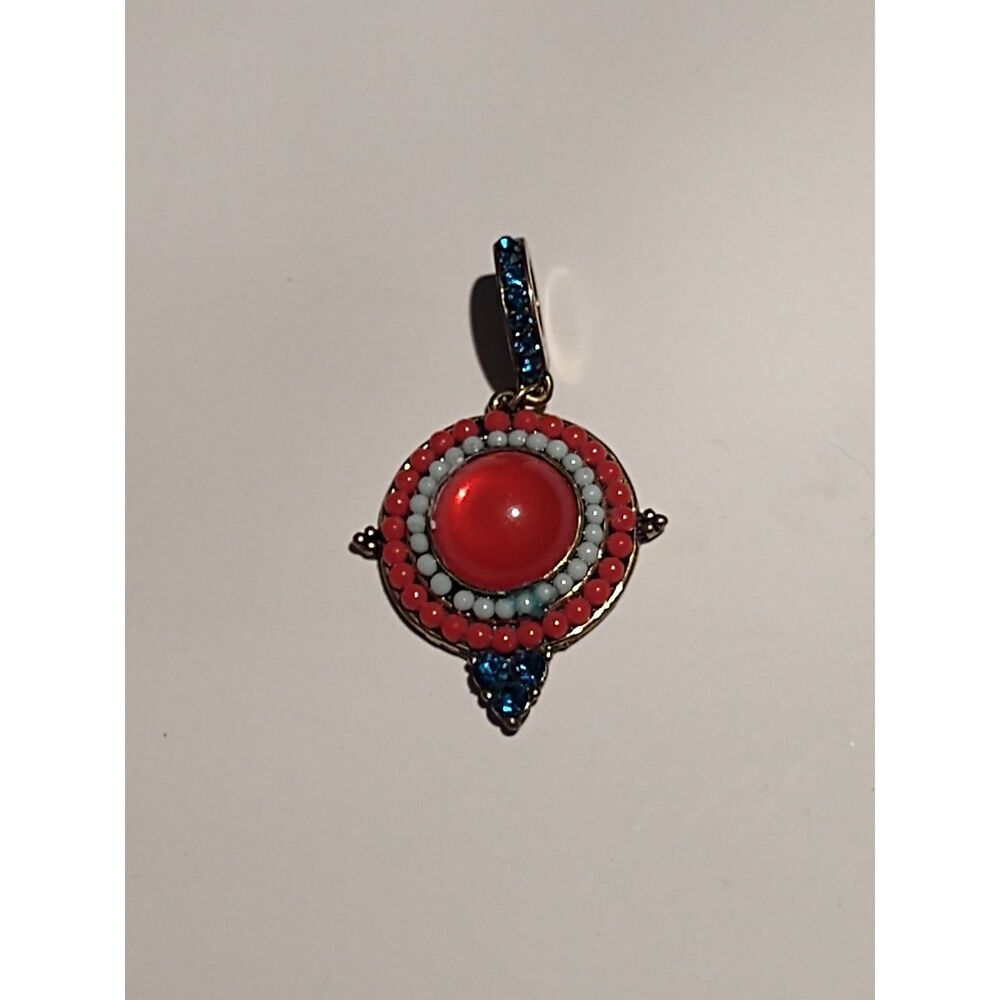 Vintage Rear Window Pendant Coral Cabochon Blue Rhinestones Gold Tone